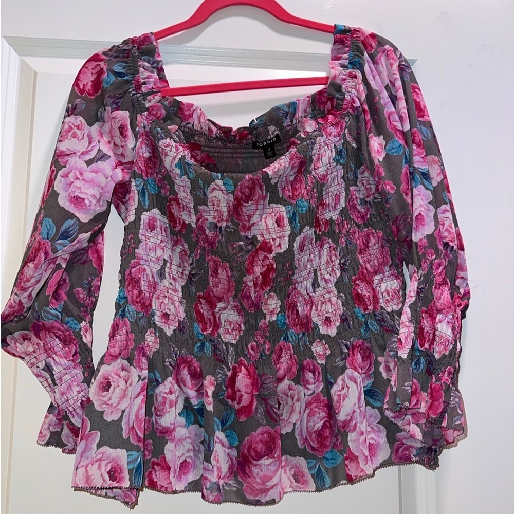 Torrid Crinkle Chiffon Smocked Waist Off-Shoulder Crop Top